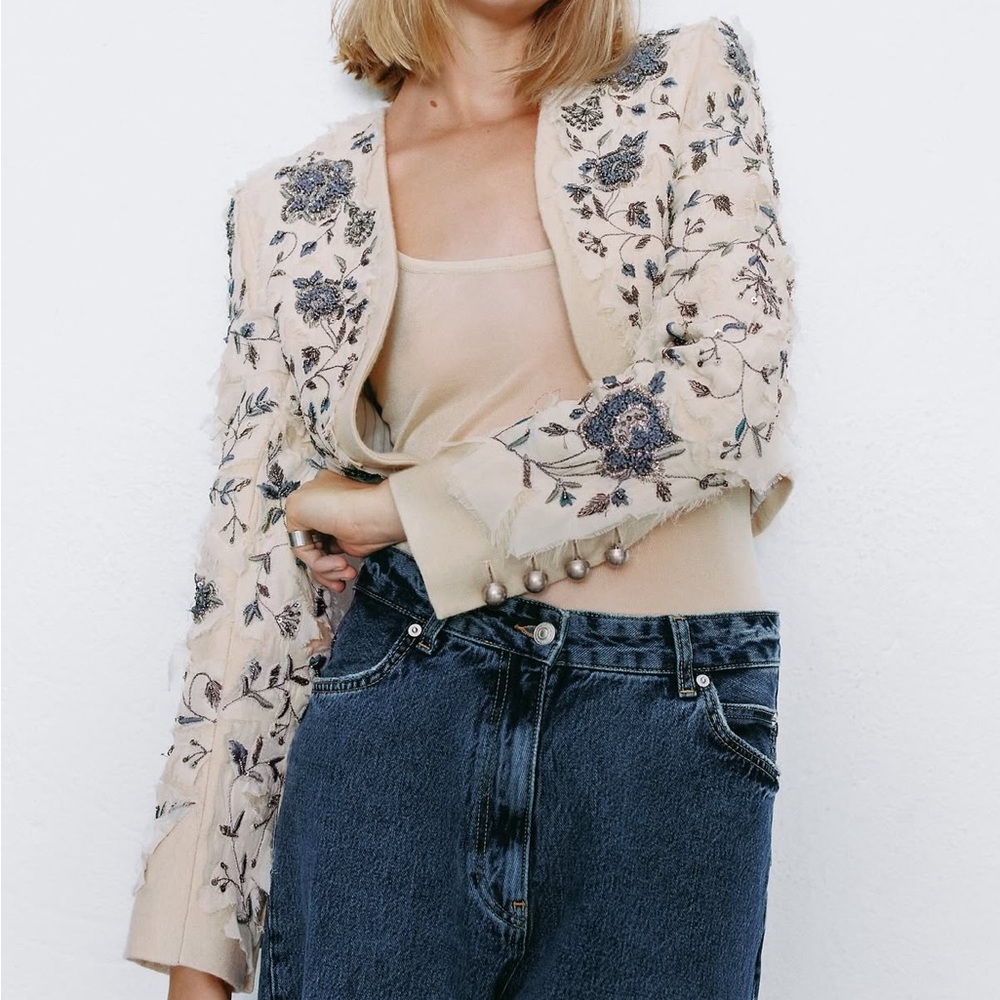 Zara Atelier Cream Wool Jacket with Blue Floral Embroidery Limited Edition